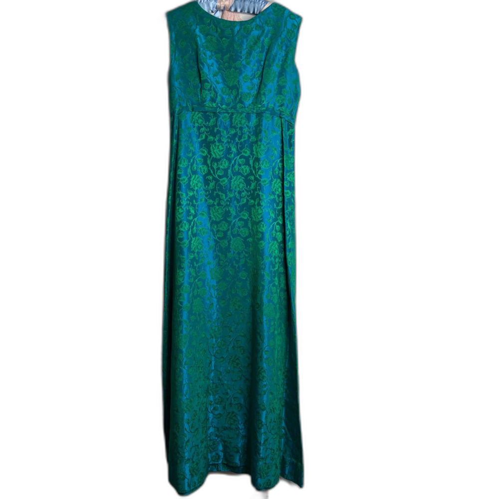 Vintage Late 1960s Emerald & Turquoise Floral Brocade Empire Waist Formal Gown S - Picture 4 of 12